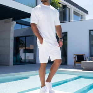 Ensemble deux pièces en coton blanc pour homme, t-shirt et short décontractés en tricot respirant, ensemble short et t-shirt pour homme - Product Image 5