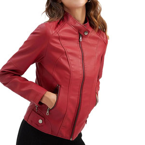 Chaqueta de Motociclista de Cuero Sintético Rojo para Mujer, Manga Larga, Cierre de Cremallera, Cuello Alto, Color Sólido, Estilo Otoñal - Product Image 2