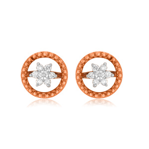 Boucles d'oreilles clous circulaires florales en or rose 14 carats avec diamants de laboratoire ronds, bijoux fins contemporains de créateur pour femmes, vente en gros - Product Image 1