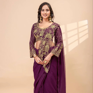 Sari élégant en faux georgette prêt-à-porter avec chemisier richement brodé – Spécial Fêtes et Mariages - Product Image 1