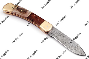 มีดพับสำหรับตั้งแคมป์และล่าสัตว์ ยี่ห้อ UA Supplies ด้ามไม้ทำจากเขาสัตว์ ใบมีดเหล็กดามัสกัสเกรดอุตสาหกรรม แบบ OEM ปลายมีดทรง Drop Point สำหรับพกพา EDC - Product Image 6
