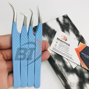 แหนบต่อขนตาสแตนเลสสีฟ้าเคลือบสีฟ้าติดเพชรแบบมืออาชีพปลายแหลม - Product Image 3