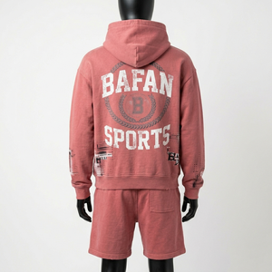 Premium 320 GSM cotton fleece hoodie and shorts set <b>men</b> faded red custom screen print logo soft feel Hoodie Short Set <b>men's</b> - Product Image 4