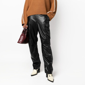 Pantalon cargo en cuir véritable de haute qualité pour femmes, taille haute, avec poches en cuir PU, pantalon streetwear pour l'hiver - Product Image 1