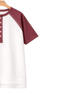 Women White Burgundy Raglan Sleeve Henley T Shirt Cotton Blend Short Sleeve Casual Summer <b>Top</b> Comfortable Lightweight Tee Wear - Product Image 2