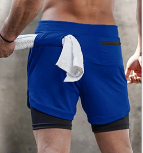Shorts de sport pour hommes en polyester 2-en-1 avec poche anti-transpiration, personnalisables avec logo, haute qualité, pour l'été – Fabrication OEM - Product Image 3