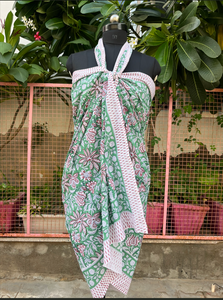 Green Floral Printed Viscose Cotton <b>Sarong</b> Crossed Halter Swimdress <b>Women</b> Reversible Draped Pareo Beach Wrap - Product Image 4