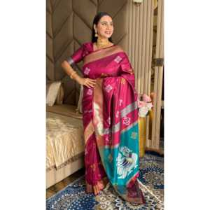 Sari en soie douce rose foncé, tissé avec des fils d'ikkat et de zari, robes de cocktail élégantes - Product Image 3