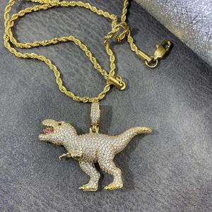 Collier pendentif Hip Hop en forme de dinosaure Tyrannosaurus Rex, serti de pierres, bijou fantaisie - Product Image 1