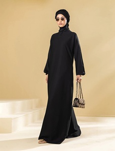 Muslim Women Simple Polyester Fiber Everyday Casual Formal Black Abaya Set Long <b>Elastic</b> Sleeve Floor-Length Straight Saudi - Product Image 4