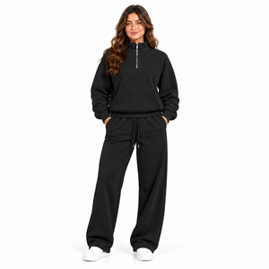 Conjunto de dos piezas de sudadera con cremallera de un cuarto y pantalón para mujer, abrigo de manga larga y pantalones cortos, ropa casual de yoga para invierno - Product Image 1