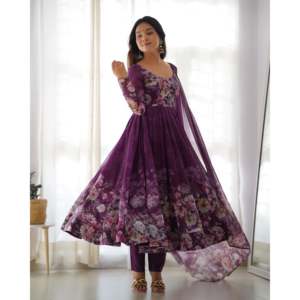 Conjunto de Vestido Anarkali con Estampado Floral y Pantalones con Dupatta, para Fiestas, en Tela Chifón - Product Image 5