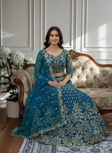 Blue Embroidered A-Line Floor-Length <b>Lehenga</b> Choli Wedding Engagement Outfit Floral Beaded Modern Dress Set for Women Party - Product Image 2