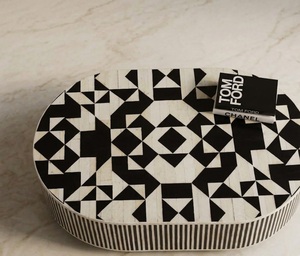 Black and <b>White</b> Oval <b>Coffee</b> <b>Table</b> Striped Inlay Wooden Modern Luxury Villa Living Room Furniture - Product Image 4