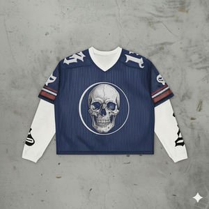 เสื้อยืดแขนยาวผู้ชายแบบมีเลเยอร์ลายกราฟิกหัวกะโหลก ผ้าตาข่ายวาฟเฟิล ทรงบ็อกซี่ ครอป สตรีทแวร์ รับผลิตแบบ OEM ขายส่งจากโรงงาน - Product Image 3