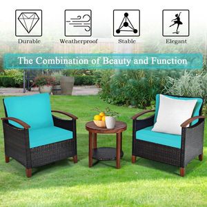 Set of 3 Patio Wicker Furniture with Washable Cushion and Acacia Wood <b>Tabletop</b> Durable and Stylish Outdoor Furniture - Product Image 2