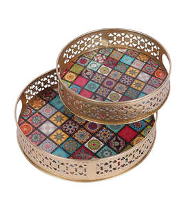 Ensemble de plateaux pichwai dorés pour offrir en cadeau, plateaux décoratifs pour les festivals, ensemble de plateaux pooja - Product Image 1
