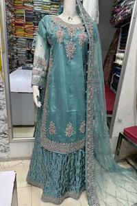 Ssumaira collection Long shirts with Lehnga <b>Fabric</b> soft <b>net</b> Embroidered long shirts with embroidered silk Lehnga - Product Image 4