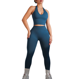 Women's 2 Piece Yoga Set Solid Color High Waist <b>Seamless</b> <b>Leggings</b> With Halter Crop Top Full Length Spandex Polyester Activewear - Product Image 3