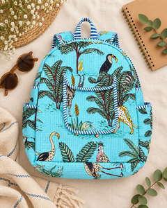 Dreamy Light Blue Cotton Quilted <b>Backpack</b> <b>with</b> Nature Inspired Bird Print and Handmade Charm Trendy Light Blue Quilted Cotton - Product Image 5