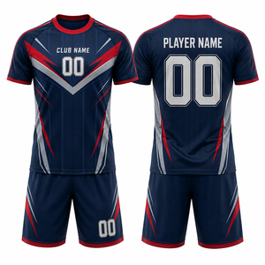 Ensemble de maillots de football personnalisés sublimés, imprimés sur le devant, bleu marine, rouge, argent, col haut, manches courtes, séchage rapide, évacuation de l'humidité, 100% - Product Image 1