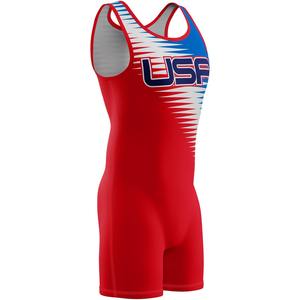 Combinaison de lutte américaine rouge, bleue et blanche, imprimée par sublimation, ajustée, anti-humidité, pour hommes adultes, vêtements de sport, combinaisons de combat au ring - Product Image 5