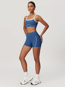 Women's <b>Blue</b> Solid High Support Spandex 2-Piece Sports <b>Bra</b> Shorts Set White Stripe Detailing Breathable Knitted Activewear Yoga - Product Image 2