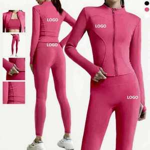 Haut de sport ajusté à manches longues pour femme en spandex, avec fermeture éclair, sans couture, couleur unie - Product Image 2
