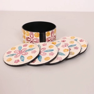 Hand-Painted Floral MOP Inlay Round <b>Coaster</b> <b>Set</b> with 10 CM Diameter and Matching Metal Holder From REHMAN CRAFT - Product Image 2