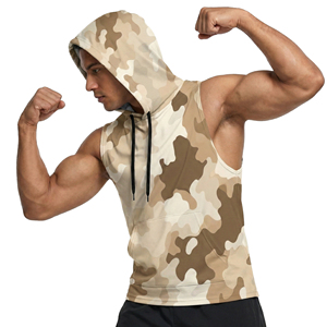 Débardeur à capuche sans manches pour homme, imprimé camouflage, personnalisé OEM B2B, pour l'entraînement, le fitness et les tenues décontractées, avec cordon de serrage - Product Image 1