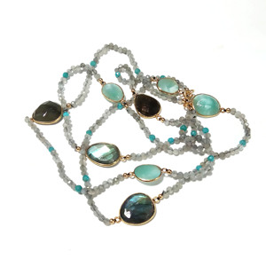 Natural Labradorite Larimar Sterling Silver Beaded <b>Statement</b> <b>Necklace</b> Gold Plated Bezel Multi Gemstone Layered Chain Long - Product Image 6