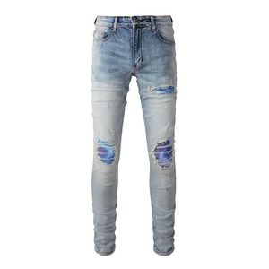 <b>Men's</b> Denim Jeans Slim Fit Straight <b>y</b> Pant Mid Waist Ripped Distressed Washed Embroidery Casual Breathable Pleated <b>Front</b> - Product Image 2
