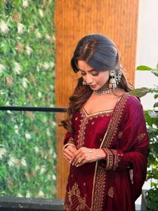 Ensemble Kurta en soie brodée marron pour femme avec pantalon palazzo et dupatta, tenue traditionnelle indienne et pakistanaise pour mariage, longueur au sol - Product Image 4