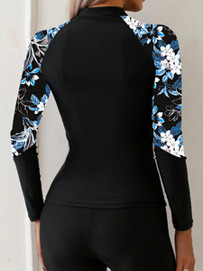 Women Floral Print High Neck Long Sleeve Swim Top With Black Leggings <b>Set</b> Stretch Knitted Athletic Wear Digital Print - Product Image 5