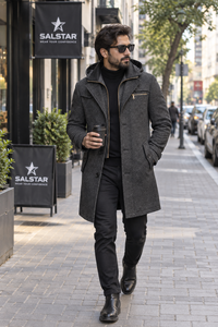 Manteau long en laine mélangée pour homme avec capuche, col à revers cranté, fermeture éclair, longueur genou, épais, pour l'hiver - Product Image 4