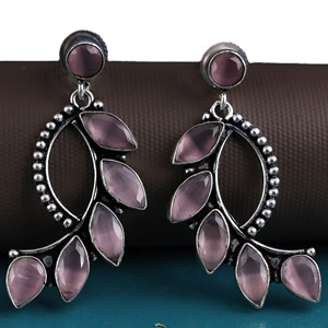Premium Quality Trendy Oxidized <b>Silver</b> <b>Dangle</b> Pink Monalisa Gemstone <b>Earrings</b> Women Party | Direct Factory Manufacturer - Product Image 5