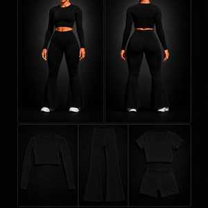 Wholesale Custom Logo 4 Piece Seamless Yoga Set Women High Waisted <b>Flare</b> <b>Leggings</b> Long Sleeve Crop Top Gym Workout Clothes - Product Image 3