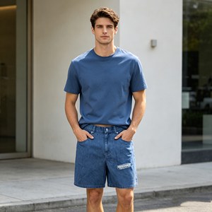 Pantalones Cortos Bermuda de Mezclilla Azul para Hombre, Desgastados, de Cintura Media, con Botones, Casuales, de Algodón Tejido - Product Image 5