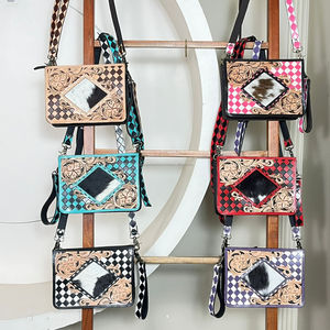 New Latest Stylish Tooled Leather Sling Shoulder <b>Bag</b> Cowhide Purple & White Checkered Western Crossbody Purse Wristlet Handbag - Product Image 4