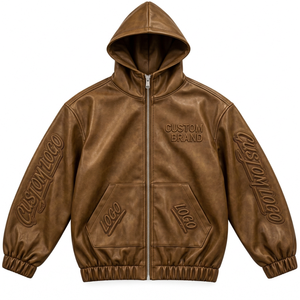 Chaqueta con Capucha y Cierre de Cremallera con Aspecto de Cuero para Hombre, Personalizada con Logotipos Grabados, Corte Holgado, Ropa Urbana de Moda - Product Image 4