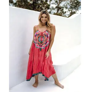 Sexy Festive Season Perfect Amazingly Embroidered Relaxed Fit Gypsy Ethnic Spaghetti Strap Women Maxi Dress For Beach & Resort
