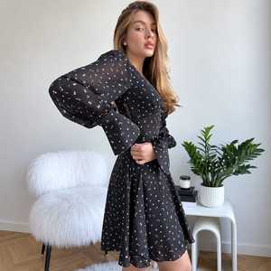 Robe mini noire à fleurs et sequins pour femme, élégante, à manches ballon transparentes, dos ouvert, taille nouée, pour soirée, cocktail, mode - Product Image 2