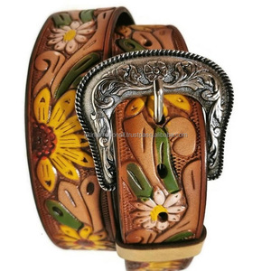 Personalized Sunflower Design Embossed Western Leather <b>Tooling</b> Belt for Unisex with Floral <b>Engraved</b> Designer Brass Buckle - Product Image 5