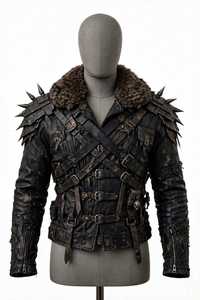 Chaqueta de cuero desgastada para hombre con cuello de piel y hombros con púas - Product Image 3