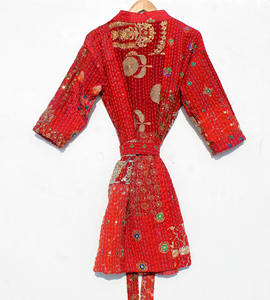 Robe de bain en patchwork faite à la main, vêtement de nuit, robe longue en coton, veste Kantha avec ceinture, longueur longue, automne-hiver - Product Image 6