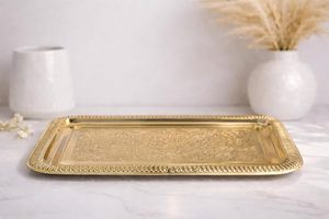 Handcrafted Rectangular Brass <b>Serving</b> <b>Tray</b> with Engraved Floral Pattern Decorative <b>Gold</b> Finish Tea Coffee Breakfast Platter for - Product Image 4