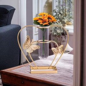 Golden Heart Shape Butterfly Metal <b>Vase</b> With <b>Clear</b> Glass Tube For Tabletop Decor - Product Image 2