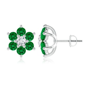 Luxury 14kt White Gold Natural Emerald Diamond Flower Stud <b>Earrings</b> Round Green Gemstone Screw Back <b>Earrings</b> OEM ODM - Product Image 1