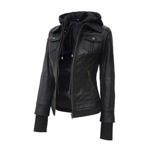 Women's Genuine Leather Hooded Motorcycle Jacket Full Sleeve <b>Zipper</b> Closure Solid Color Autumn Style - Product Image 5