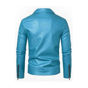 เสื้อแจ็คเก็ตหนัง PU สีเทอร์ควอยซ์สำหรับผู้ชาย ทรงเข้ารูป ปกคอพับ ปิดด้วยซิป แขนเสื้อปกติ เหมาะสำหรับใส่ในฤดูใบไม้ร่วง - Product Image 2